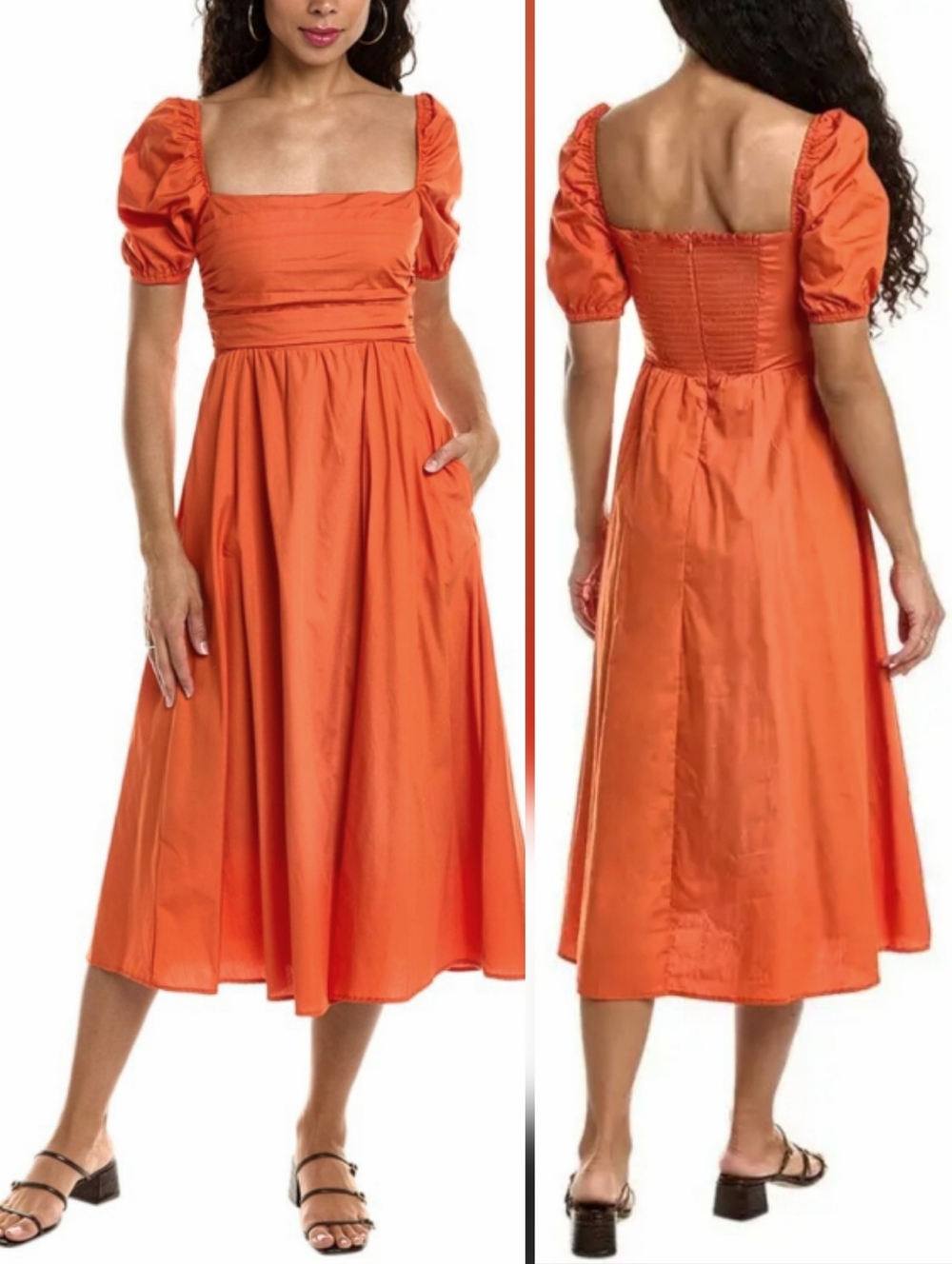 O.P.T River Midi Cotton Dress Orange Smocked